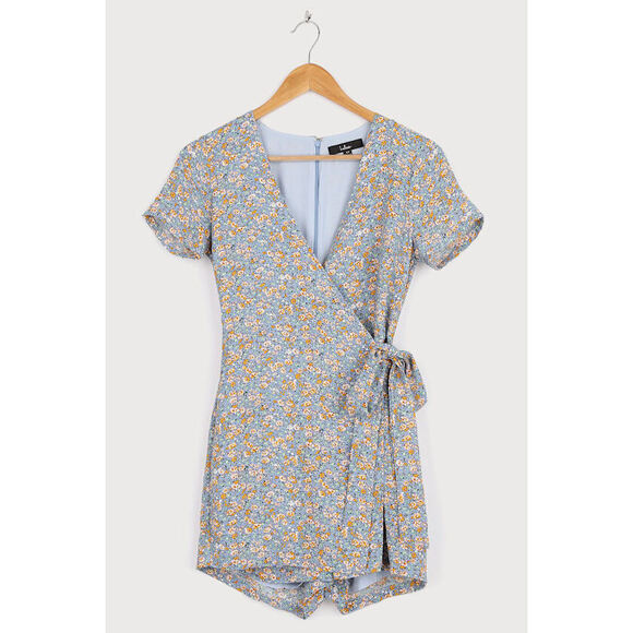 Lulus Playing Around Dusty Blue Floral Print Wrap Skort Romper - Size M - Picture 1 of 1